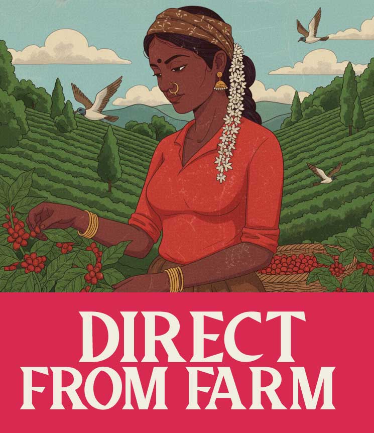 Illustration of an Indian woman picking coffee beans with a scenic background and 'Direct from Farm' text.