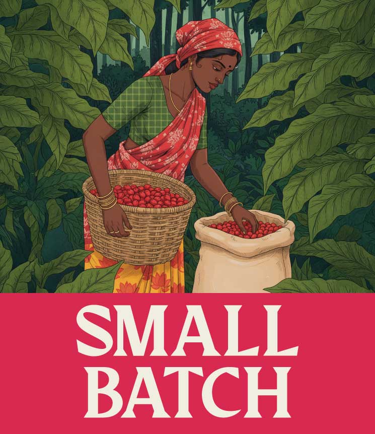 Illustration of an Indian woman harvesting coffee beans with 'Small Batch' text on a red background