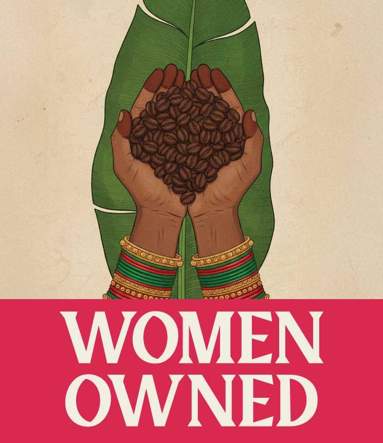 Illustration of hands holding coffee beans with a leaf, and 'Women Owned' text on a red background.